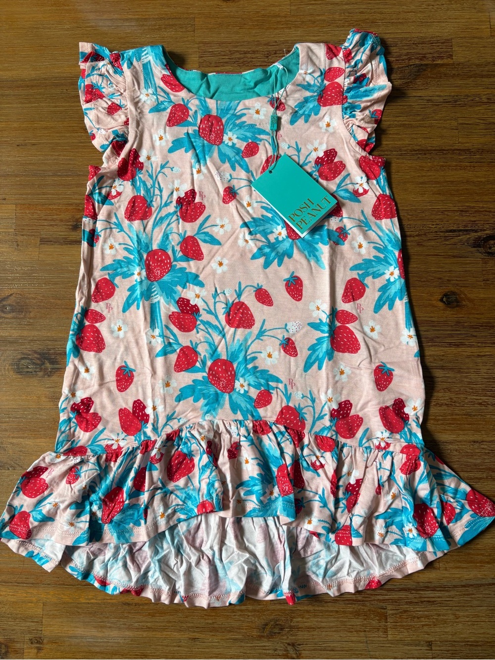 Posh Peanut-RARE-Strawberry Print-Ruffle Hi Low Toddler BAMBOO Dress-4T